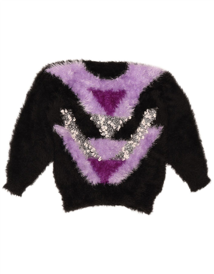 Damski sweter z okrągłym dekoltem w stylu VINTAGE UK 14, średni czarny, blok kolorów