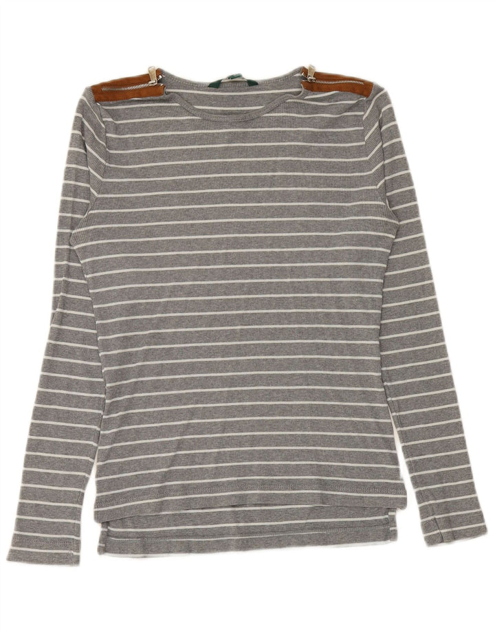 RALPH LAUREN Womens Top Long Sleeve UK 12 Medium Grey Striped Cotton