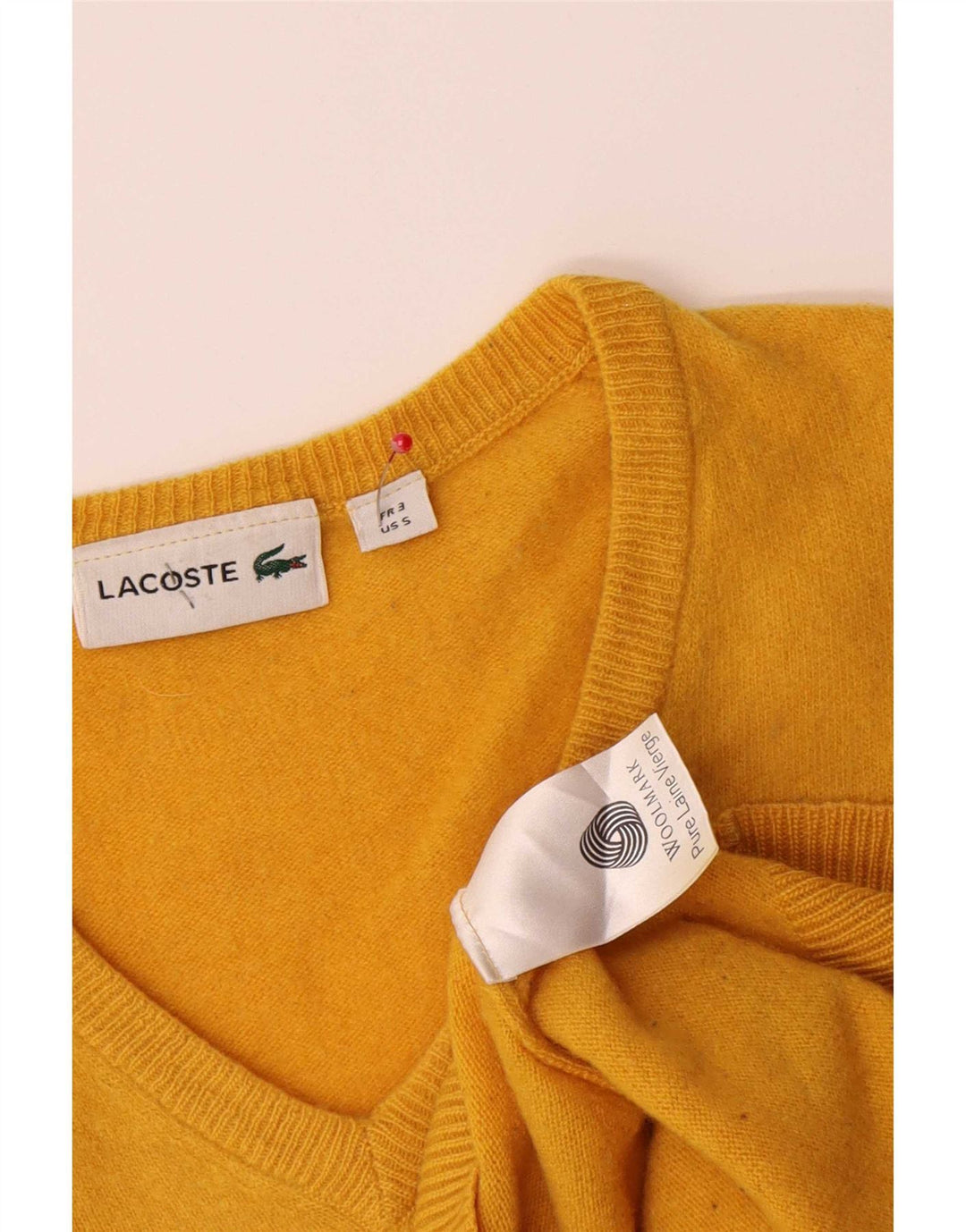 Męski sweter Lacoste z dekoltem w kształcie litery V, rozmiar 3, mały, żółty, z dziewiczej wełny