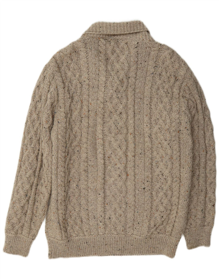 Aran Crafts Męski sweter z szalowym dekoltem, duży, beżowy, wełniany nakrapiany
