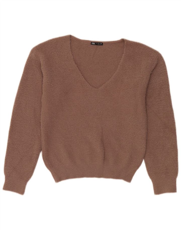 Damski sweter oversize z dekoltem w kształcie litery V Zara UK 10, mały, brązowy poliester