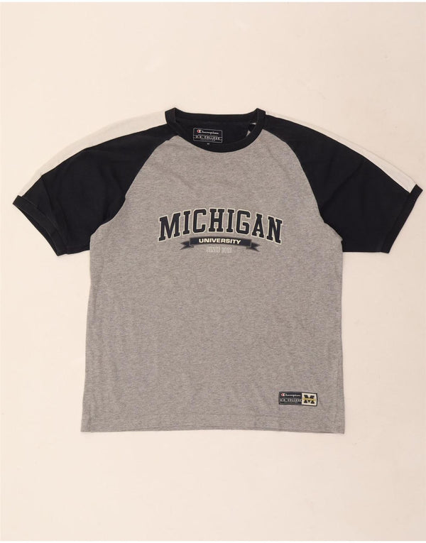 Męski T-shirt z grafiką Champion Michigan, bawełniany, średnioszary, z blokami kolorów