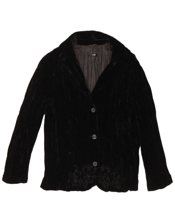 VINTAGE Damska marynarka zapinana na 3 guziki, aksamitna UK 18 XL, czarna w kwiaty