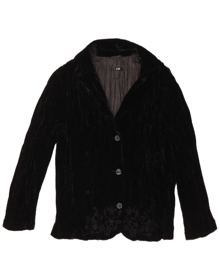 VINTAGE Damska marynarka zapinana na 3 guziki, aksamitna UK 18 XL, czarna w kwiaty