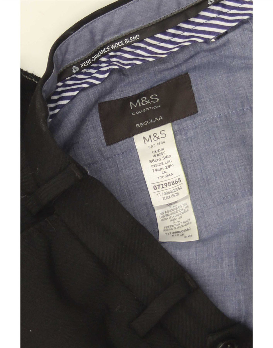 Marks & Spencer Męskie proste spodnie garniturowe W34 L29 Czarna wełna