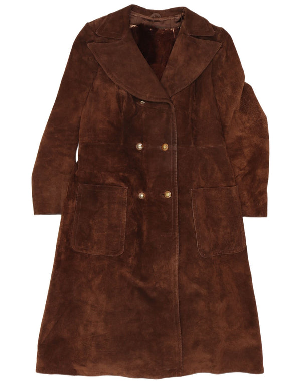 Vintage damski zamszowy płaszcz z podwójnymi piersiami UK 10 Small Brown