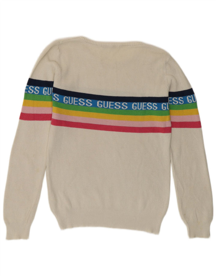 Damski sweter Guess z graficznym wycięciem pod szyją, UK 8, mały, biały, bawełniany