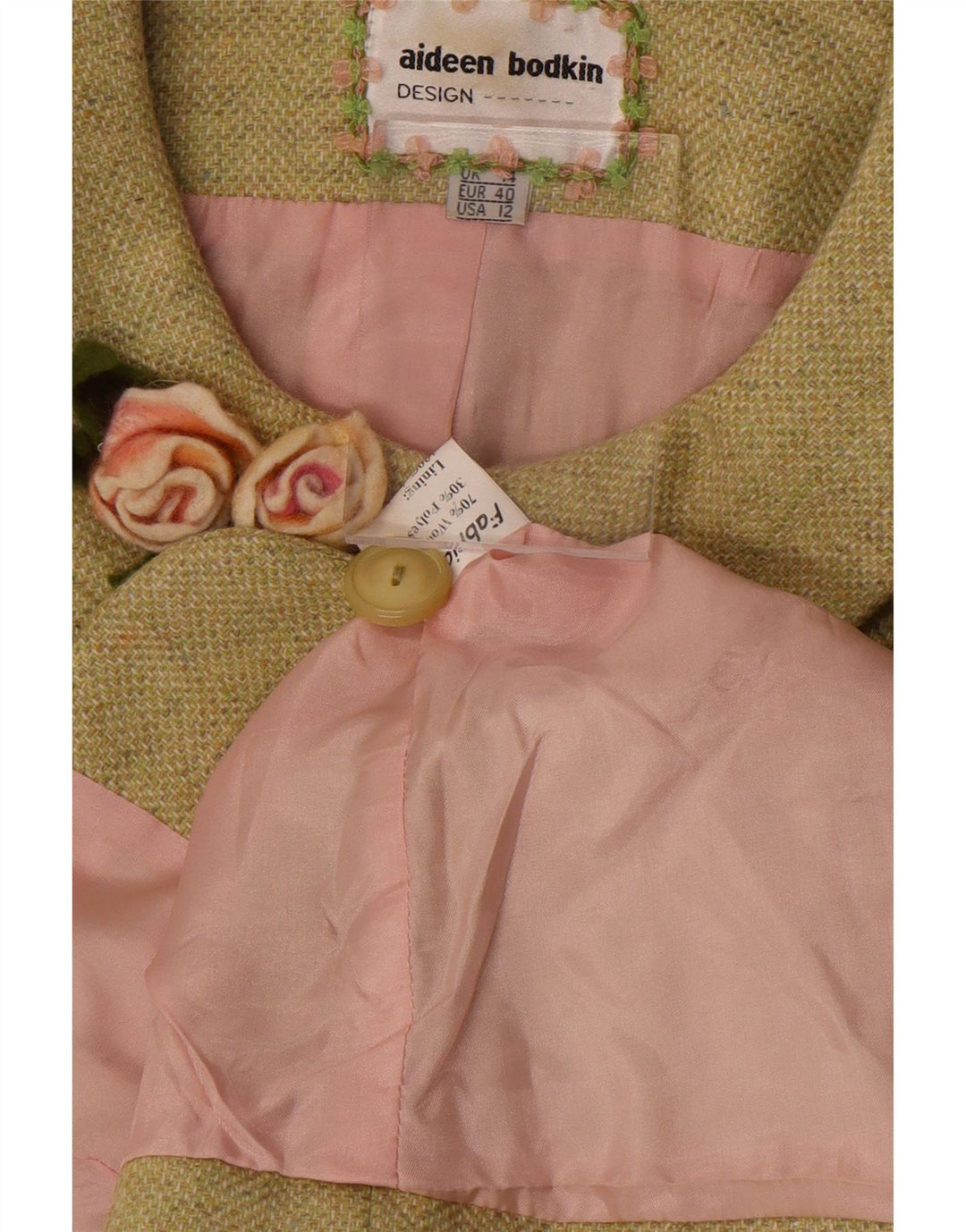 Damska marynarka zapinana na 5 guzików Aideen Bodkin UK 14, duża, zielona wełna