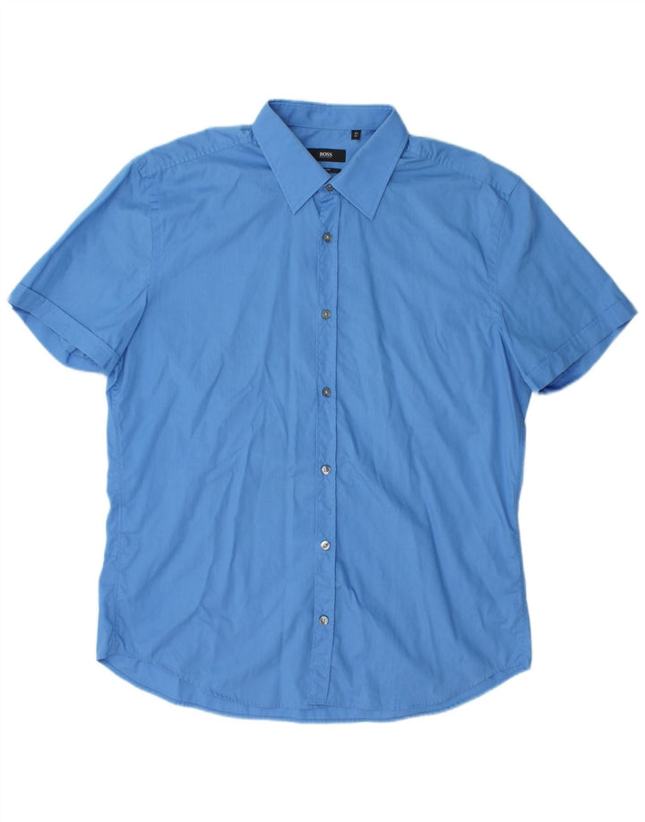 Męska koszula slim fit z krótkim rękawem Hugo Boss, rozmiar 41 16, duża, niebieska bawełna