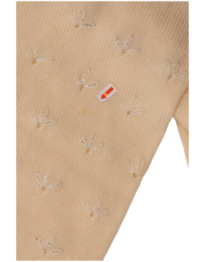 Sweter damski VINTAGE z dekoltem w kształcie litery V, UK 14, średni, w kolorze złamanej bieli, w kwiaty