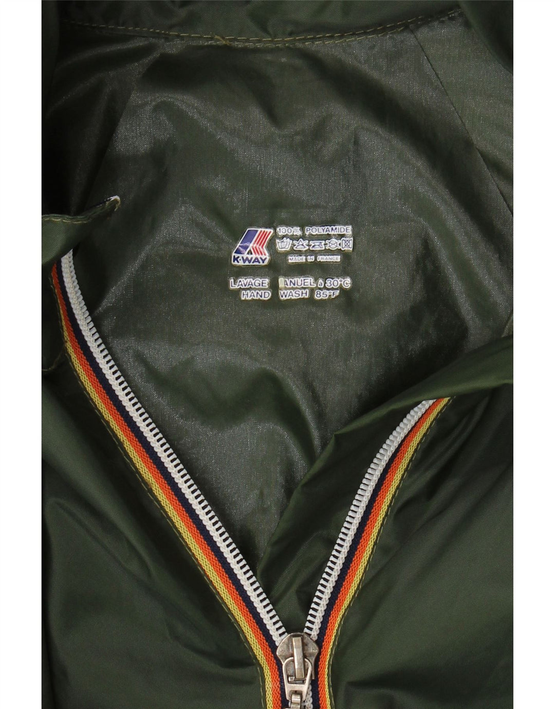 Damska kurtka przeciwdeszczowa z kapturem K-Way UK 16, duża, khaki, poliamid