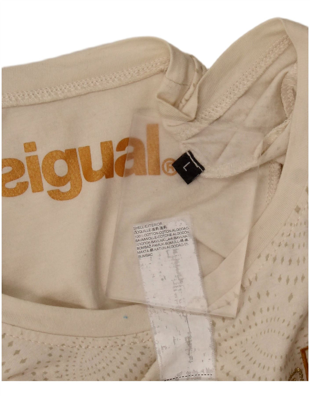 Damska koszulka z grafiką DESIGUAL Top UK 14, duża, beżowa, bawełniana w cętki