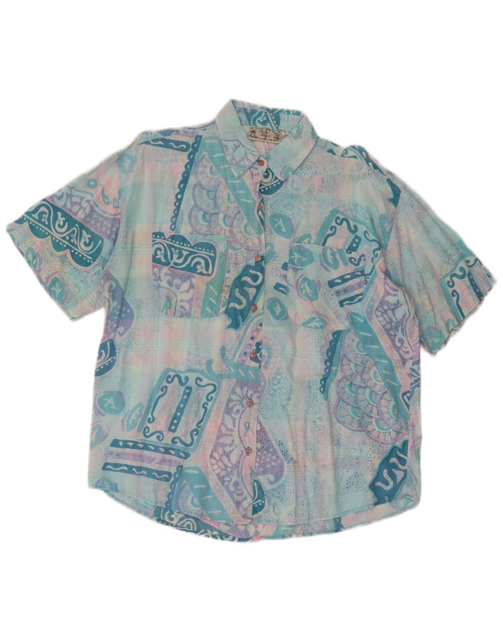 Koszula damska z krótkim rękawem w stylu vintage UK 14, duża, turkusowa, patchworkowa, retro