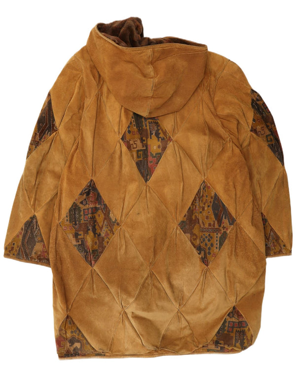 Vintage damski zamszowy płaszcz wiatrówka z kapturem UK 20 2XL brązowy geometryczny