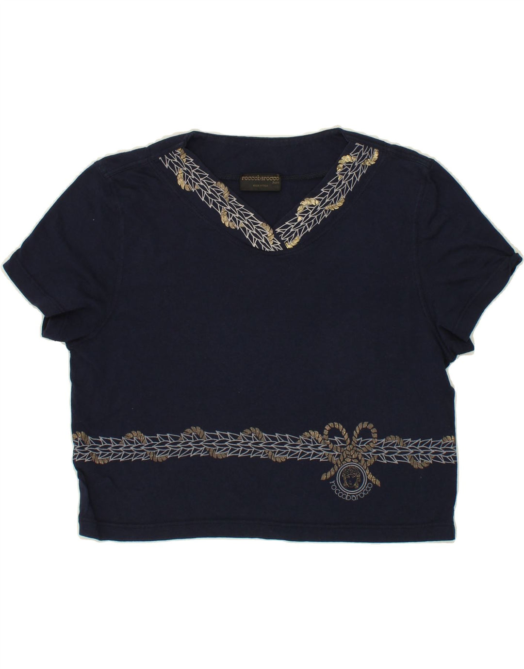 ROCCOBAROCCO Womens Abstract Pattern T-Shirt Top UK 10 Small Navy Blue Vintage Roccobarocco and Second-Hand Roccobarocco from Messina Hembry 