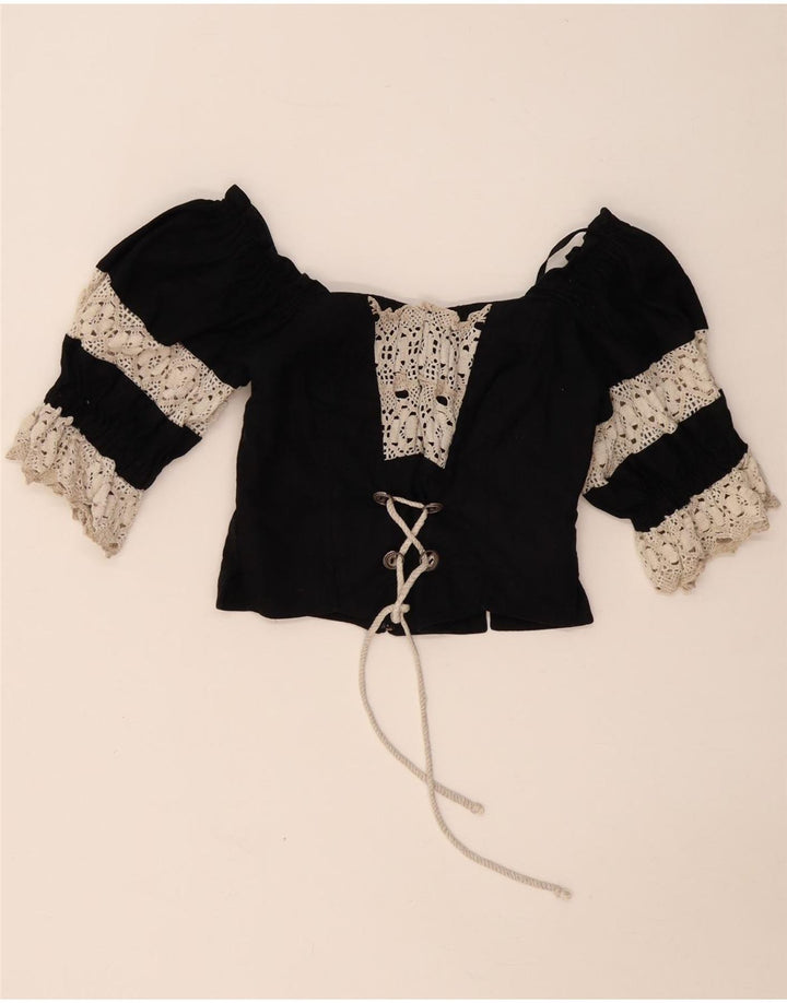 Damski gorsetowy top Trachten LANDHAUS UK 8, mały, czarny, lniany w kwiaty