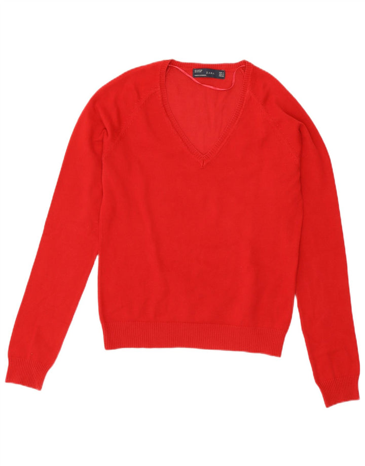 Sweter damski Zara z dekoltem w kształcie litery V, UK 12, średni czerwony, bawełniany