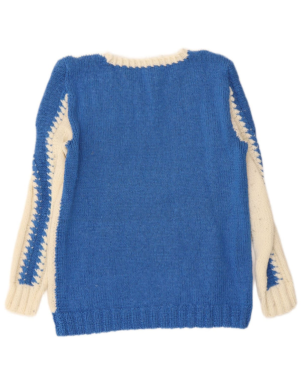 Sweter damski VINTAGE z dekoltem w kształcie litery V, UK 10, mały, niebieski, z blokami kolorów