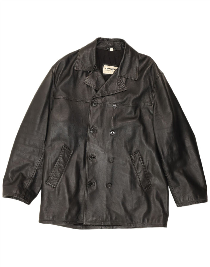 Conbipel Męski dwurzędowy płaszcz skórzany rozmiar 52, duża czarna skóra