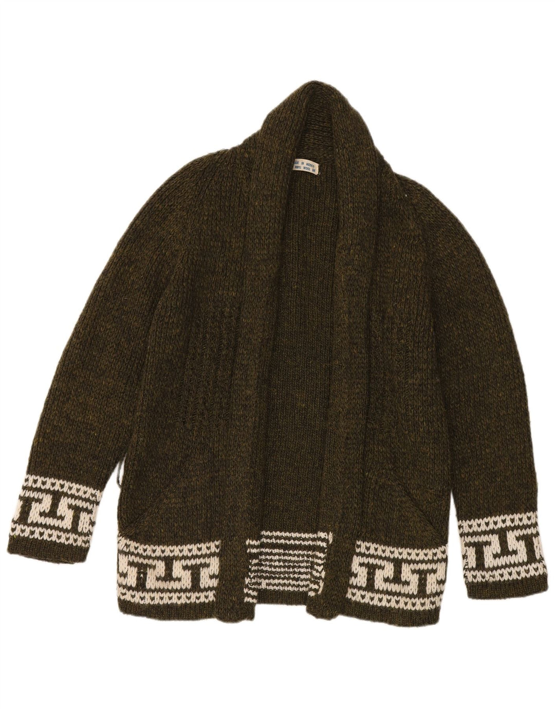 Vintage damski sweter rozpinany UK 14, średni khaki, geometryczna wełna