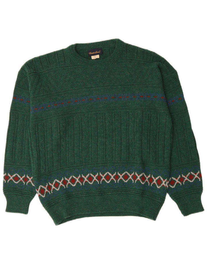 Vintage męski sweter z okrągłym dekoltem, średnio zielony, wełna Fair Isle