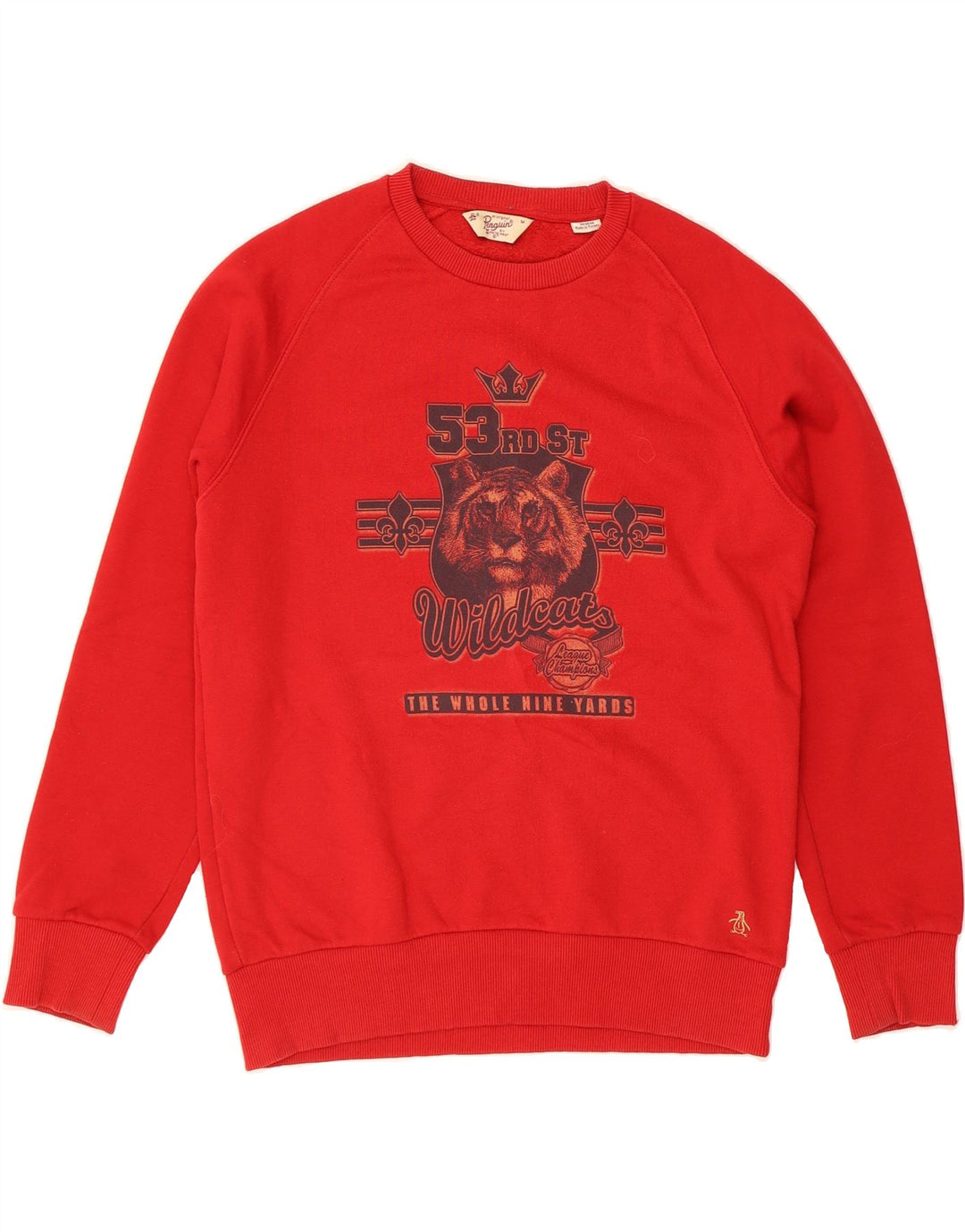 PENGUIN Mens Graphic Sweatshirt Jumper Medium Red Cotton Vintage Penguin and Second-Hand Penguin from Messina Hembry 