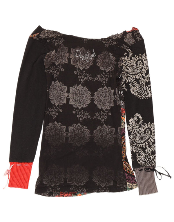 Desigual damski top graficzny z długim rękawem, UK 8, mały, czarny, z bawełny w kwiaty