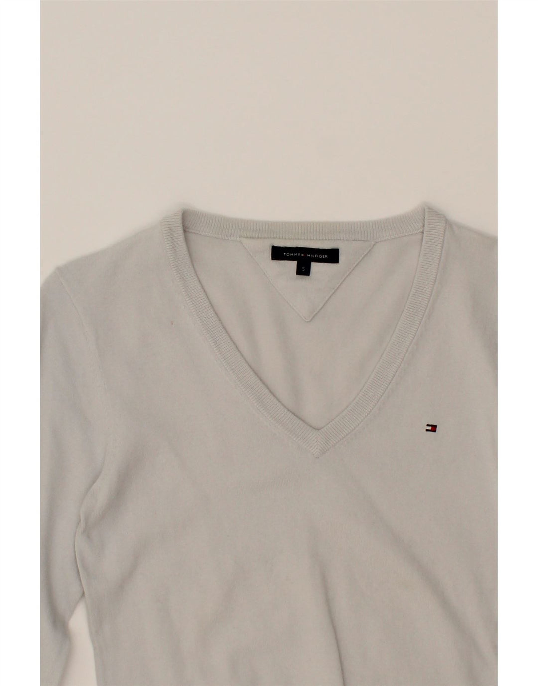 TOMMY HILFIGER Mens V-Neck Jumper Sweater Small Grey Cotton Vintage Tommy Hilfiger and Second-Hand Tommy Hilfiger from Messina Hembry 