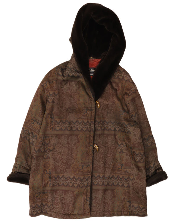 Incom Damski płaszcz z kapturem, oversize, EU 46 XL, brązowy w kwiaty