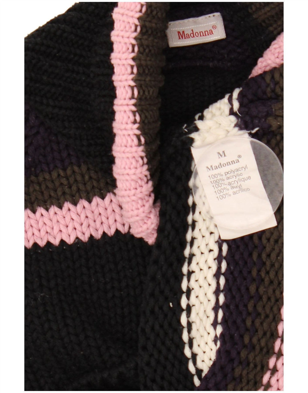 Damski sweter z wywijanym dekoltem Madonna UK 12, średni czarny akryl w paski