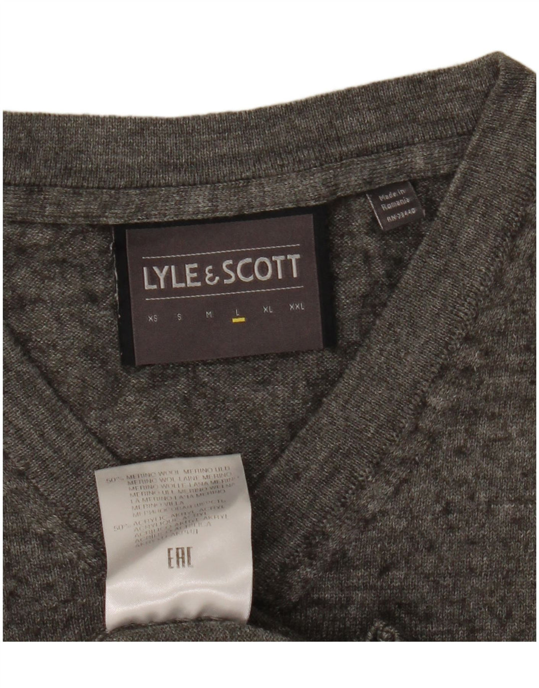 Męski sweter z dekoltem w kształcie litery V, Lyle & Scott, duży, szary, nakrapiany, z wełny merynosów