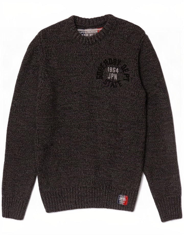 Męski sweter Superdry z graficznym wycięciem pod szyją, średnio szary, nakrapiany akryl