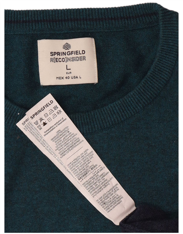 SPRINGFIELD Mens Crew Neck Jumper Sweater Large Green Colourblock Cotton