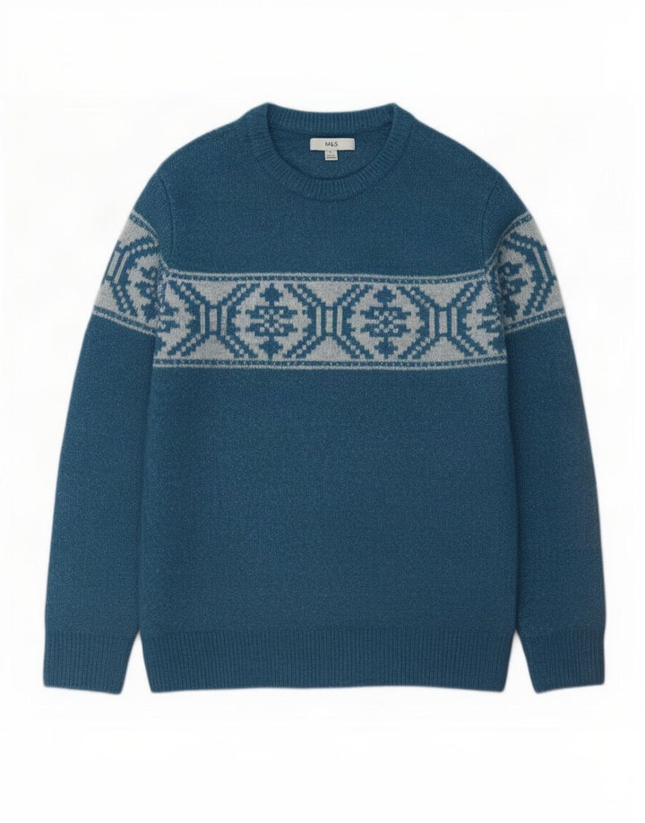 Marks & Spencer Męski sweter z dekoltem w łódkę Średni niebieski Fair Isle Akryl