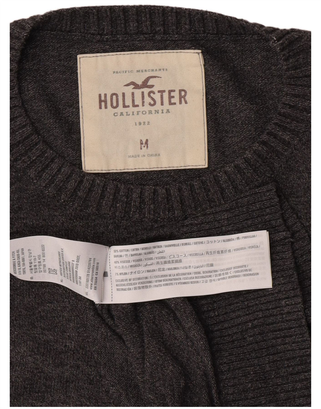 Męski sweter z okrągłym dekoltem Hollister, średnioszary, bawełniany