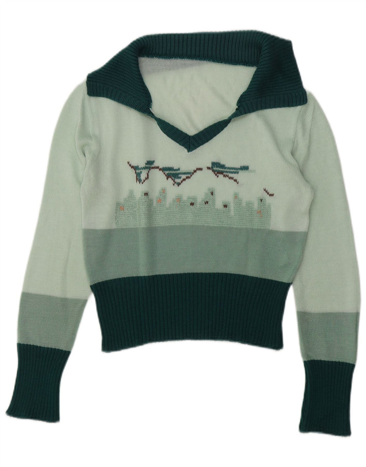 Vintage damski sweter z grafiką polo UK 14 średni zielony