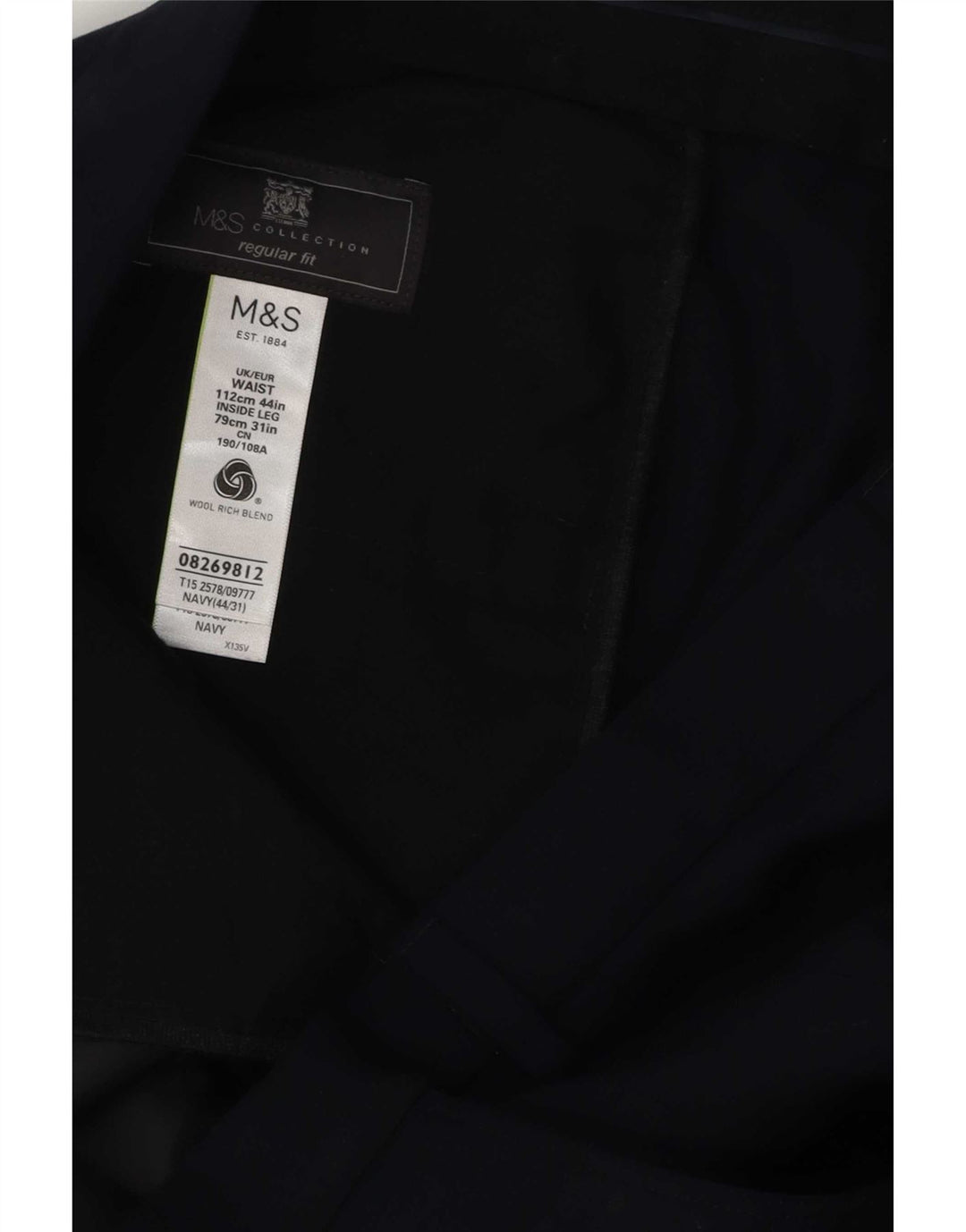 Męskie spodnie garniturowe Marks & Spencer o regularnym kroju W44 L31 Granatowy poliester
