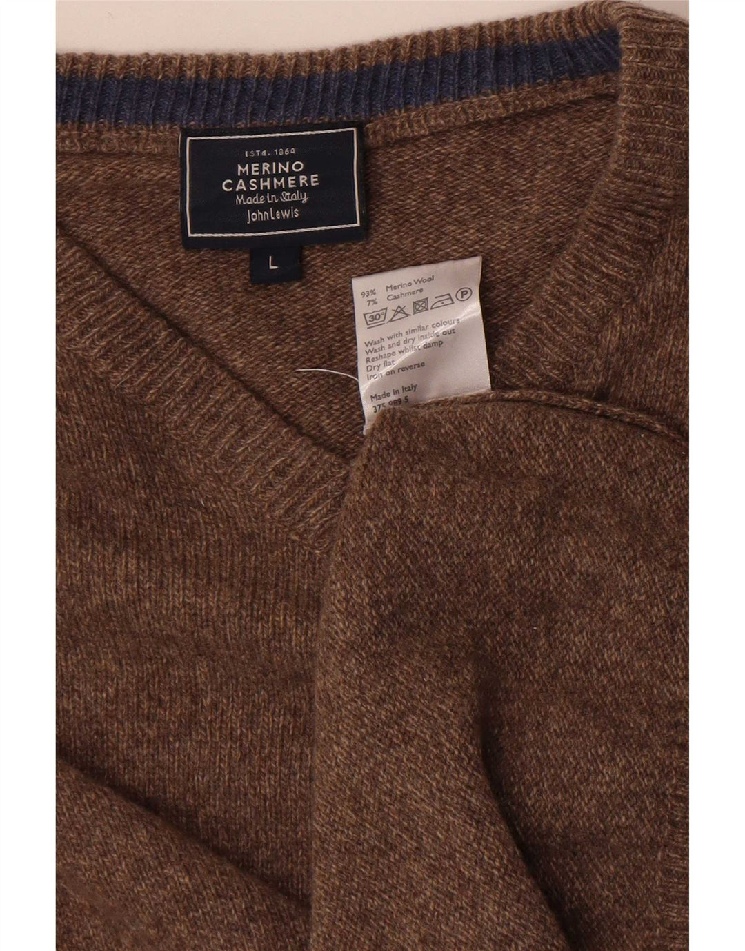 Męski sweter z dekoltem w kształcie litery V, John Lewis, duży, brązowy, wełna merynosów