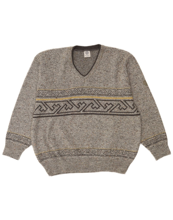 Męski sweter VINTAGE z dekoltem w szpic IT 52, duży, szary, geometryczny, wełniany