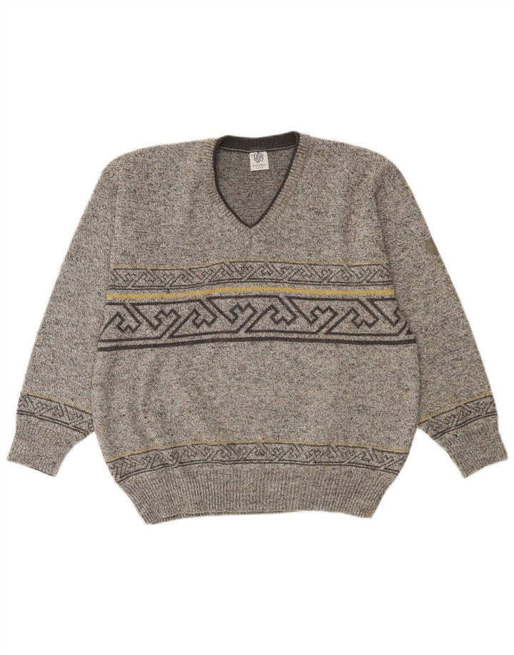 Męski sweter VINTAGE z dekoltem w szpic IT 52, duży, szary, geometryczny, wełniany