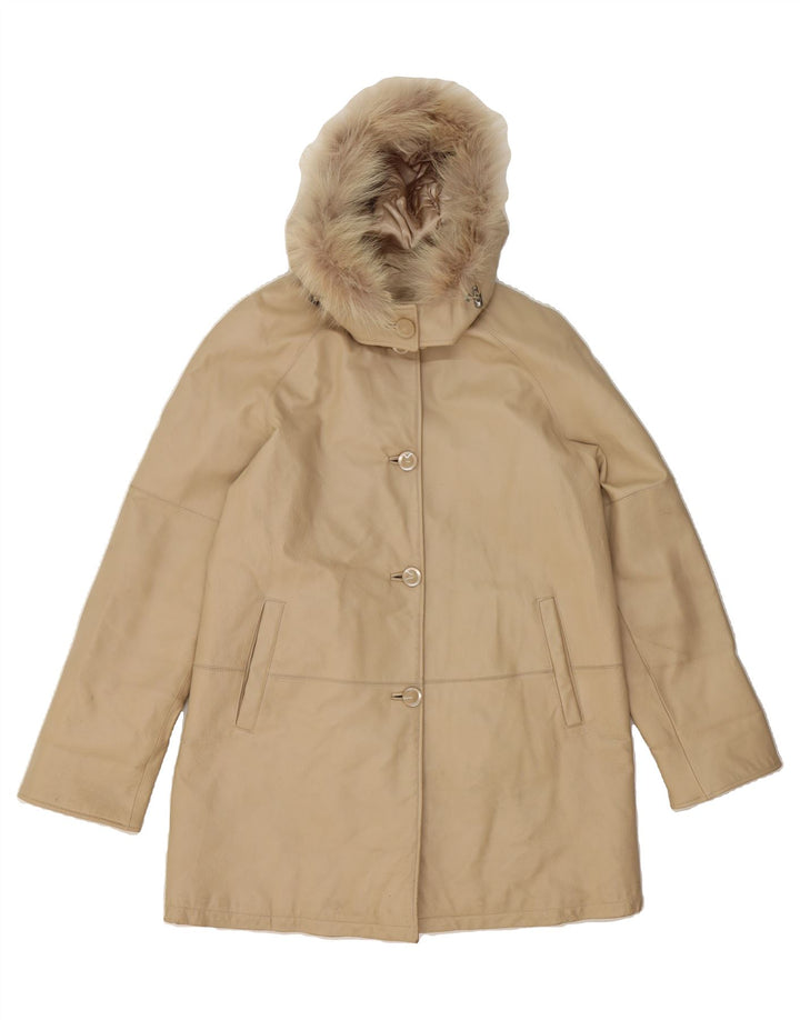 VINTAGE Womens Hooded Leather Coat EU 44 XL Beige Leather Vintage Vintage and Second-Hand Vintage from Messina Hembry 