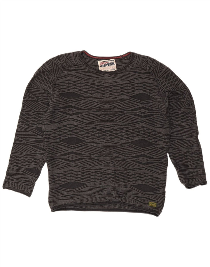 Męski sweter Jack & Jones z okrągłym dekoltem, mały, szary, wykonany z tkaniny argyle/diamentowej bawełny