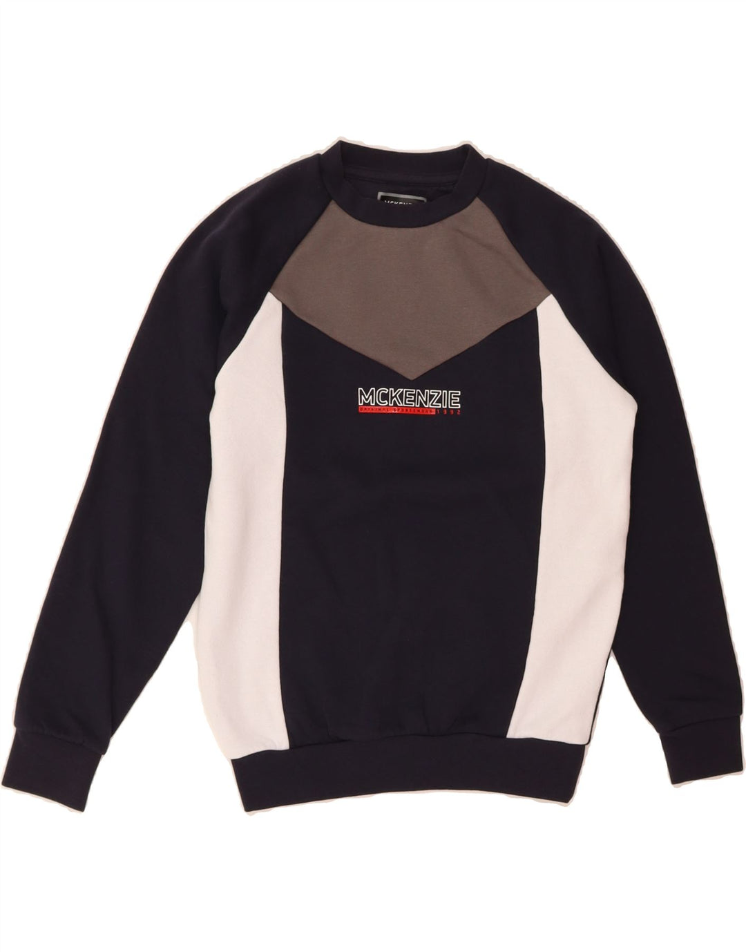 MCKENZIE Boys Sweatshirt Jumper 10-11 Years Medium Navy Blue Colourblock Vintage Mckenzie and Second-Hand Mckenzie from Messina Hembry 