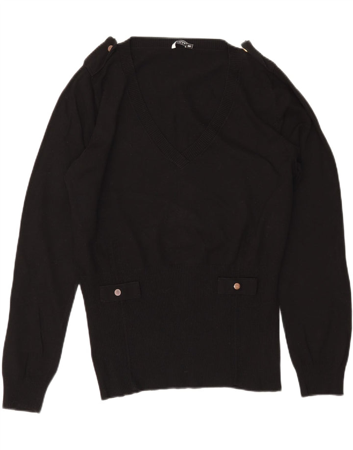 MARELLA Damski sweter wojskowy z dekoltem w kształcie litery V UK 20 2XL Czarna wiskoza