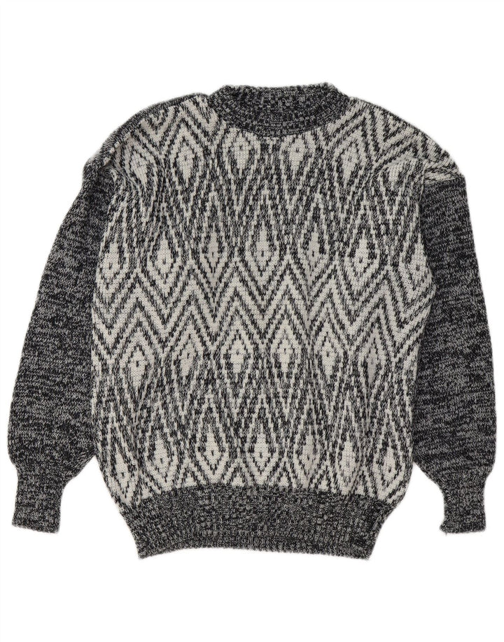 VINTAGE Mens Crew Neck Jumper Sweater Medium Grey Geometric