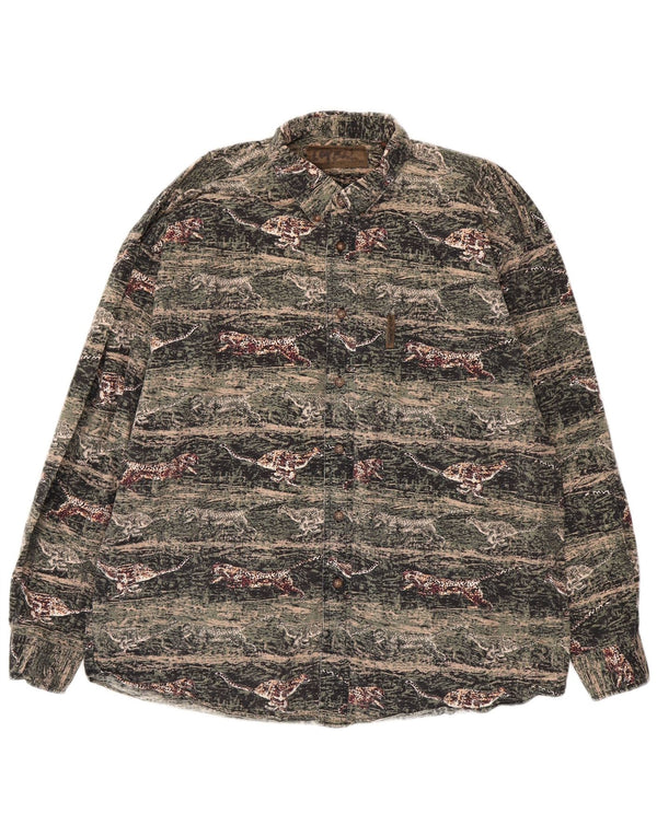 Męska koszula flanelowa VINTAGE, duża, zielona, bawełniana z nadrukiem zwierzęcym