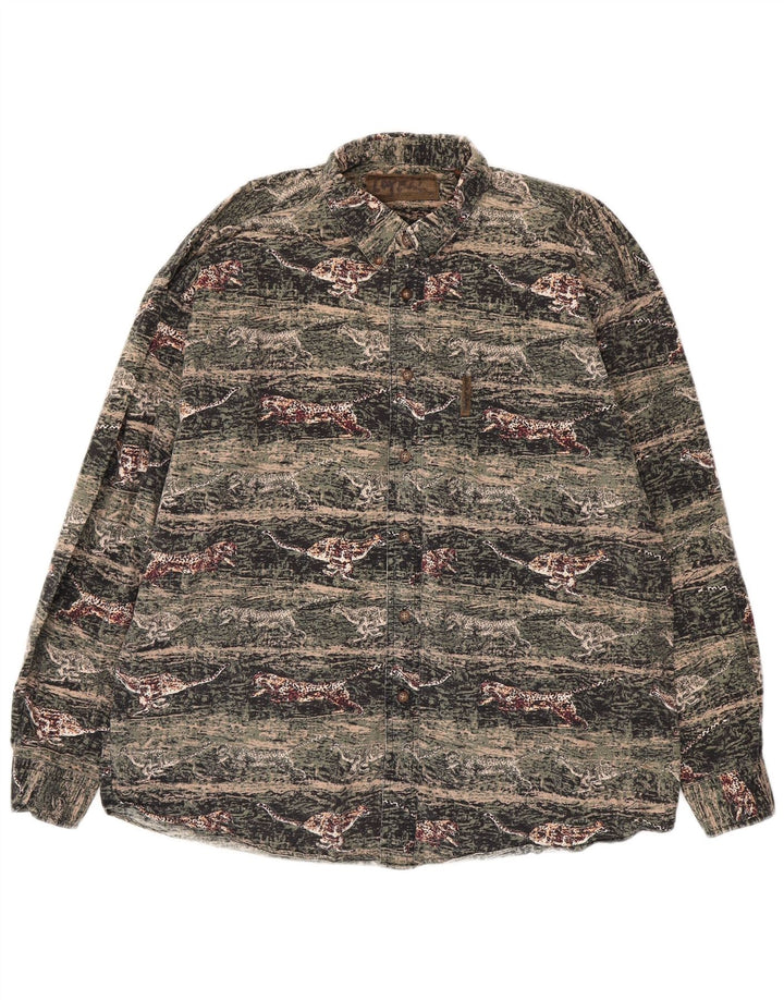 Męska koszula flanelowa VINTAGE, duża, zielona, bawełniana z nadrukiem zwierzęcym