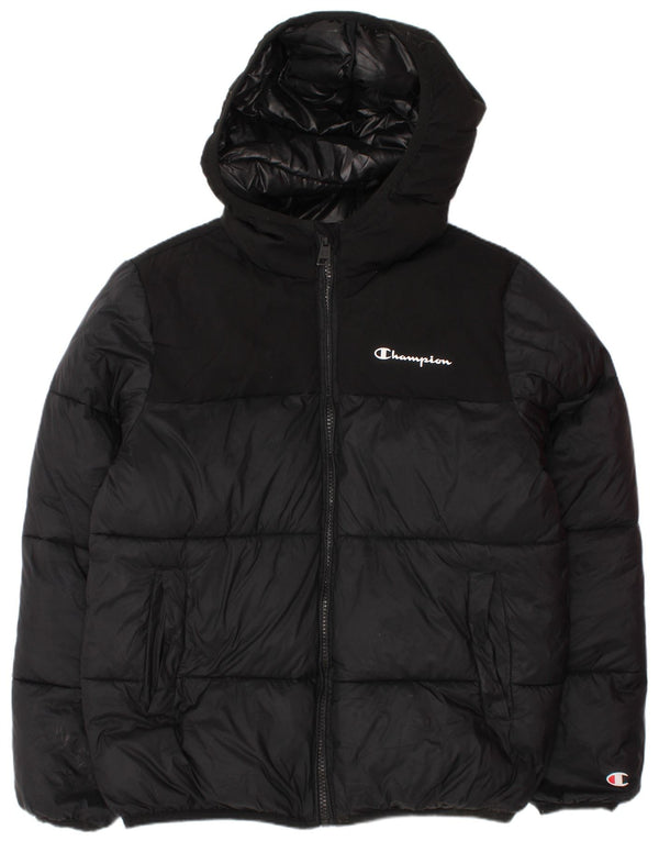 Chłopięca wyściełana kurtka z kapturem Champion Graphic 9-10 lat, średnia czarna
