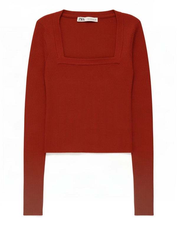 Damski krótki top Zara z długim rękawem UK 8 Small Burgundowa wiskoza