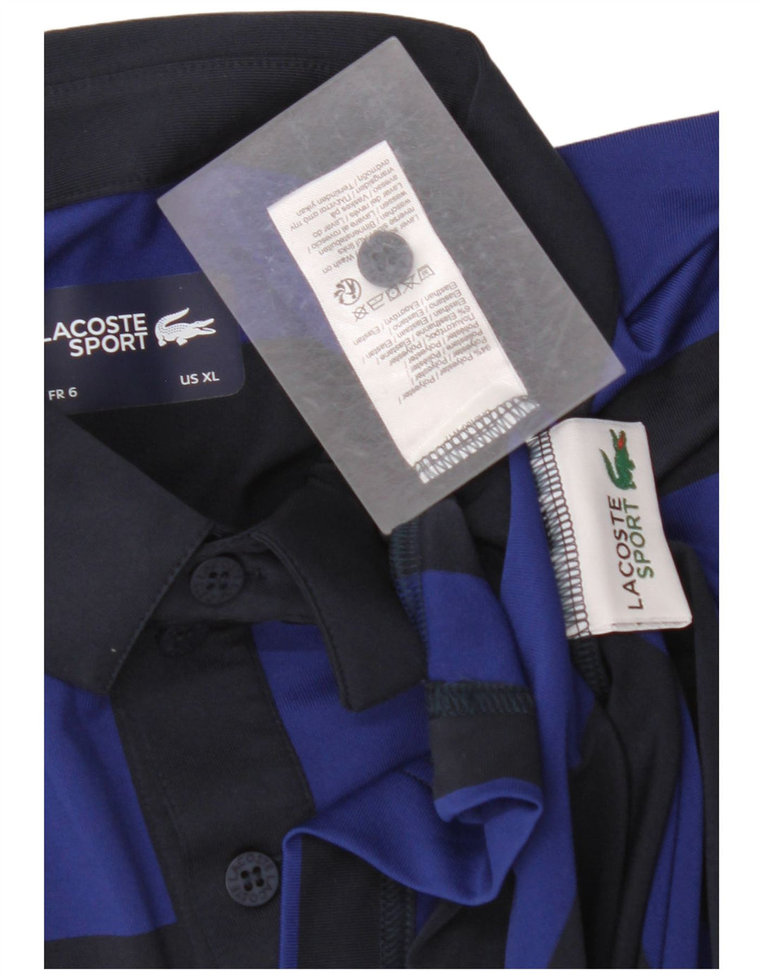 Męska koszulka polo LACOSTE, rozmiar 6 XL, poliester w granatowe paski